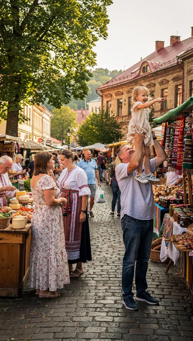 Vēsturiskas Latvijas pilsētas ielas ar saglabātu arhitektūru un norādēm tūristiem, kas izceļ kultūras mantojumu.